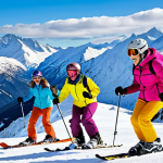 **Image Prompt:** A group of diverse people joyfully skiing down a snow-covered mountain, wearing colorful winter clothing and helmets. In the background, snow-capped peaks under a bright blue sky. Emphasize safety and fun, with a focus on proper gear and technique.