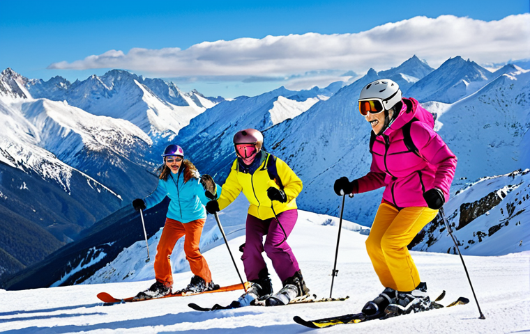 **Image Prompt:** A group of diverse people joyfully skiing down a snow-covered mountain, wearing colorful winter clothing and helmets. In the background, snow-capped peaks under a bright blue sky. Emphasize safety and fun, with a focus on proper gear and technique.