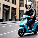 **Image:** A person wearing a full-face electric scooter helmet, riding an electric scooter on a city street. The helmet should be a well-known brand like AGV or Shoei and have a clear visor. The rider should be smiling and appear safe and confident. The background should show a bustling urban environment with other vehicles and pedestrians.